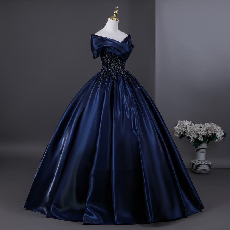 Дълга сценична рокля за водещи — еднорамна, ръкави 3/4, талия средна, принцесова пола, рокля за вокални изпити