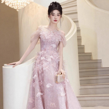 Перо вечерна рокля за жени - висока талия, без ръкави, дълга пола, есен 2025