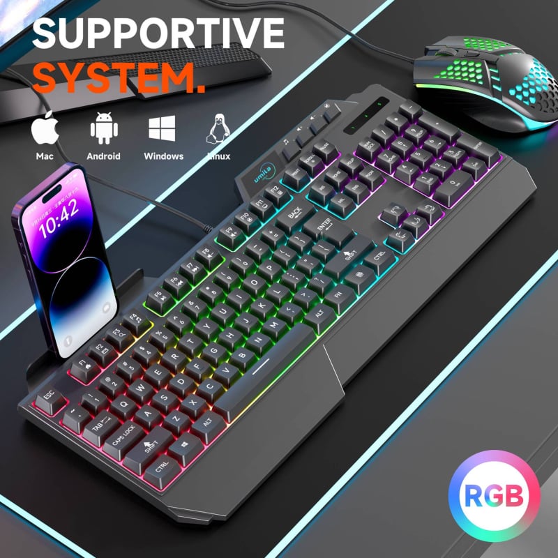 Tastatură de gaming cu cablu USB, 87 de taste, iluminare RGB, cu suport pentru încheieturi
