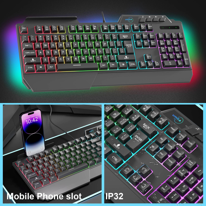 Tastatură de gaming cu cablu USB, 87 de taste, iluminare RGB, cu suport pentru încheieturi