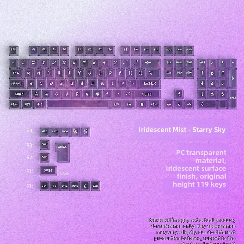 Plastiniai klavišų dangteliai universalinei mechaninei klaviatūrai, iridiscents miglų žvaigždžių dizainas, Symphony of Mist modelis, 119 klavišų mažas pilnas komplektas, svoris 320 g