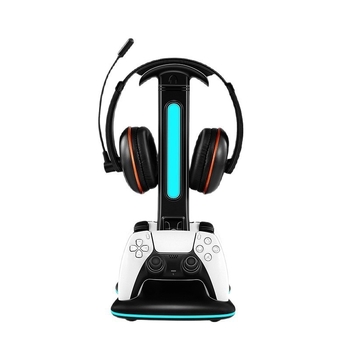 PS5 Stație dublă de încărcare cu spațiu pentru căști - USB-C, ABS, dimensiuni 60×37,5×59 mm, 555 g