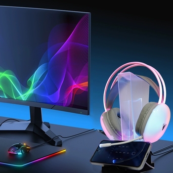 Austiņu statīvs ar RGB LED apgaismojumu, divfunkcionāls – galda displejam un uzglabāšanai; modelis Acrylic bracket; materiāls silikons