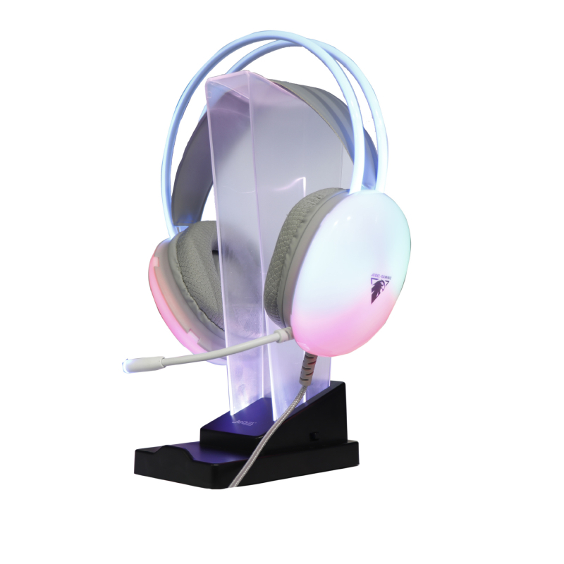 Austiņu statīvs ar RGB LED apgaismojumu, divfunkcionāls – galda displejam un uzglabāšanai; modelis Acrylic bracket; materiāls silikons