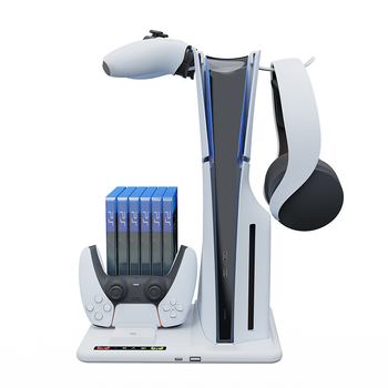 PS5 Slim Bază de Răcire Multifuncțională cu Depozitare Discuri, Stație de Încărcare Duală pentru Controleere și Suport pentru Căști, Model HBP-537, ABS