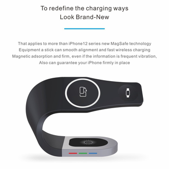 Trīs vienā bezvadu uzlāde ar magnētisko statīvu un apkārtes gaismu pulksteņiem, ausām un telefonam | QC3.0, 15W maks, kopējā jauda 23W