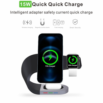 Trīs vienā bezvadu uzlāde ar magnētisko statīvu un apkārtes gaismu pulksteņiem, ausām un telefonam | QC3.0, 15W maks, kopējā jauda 23W