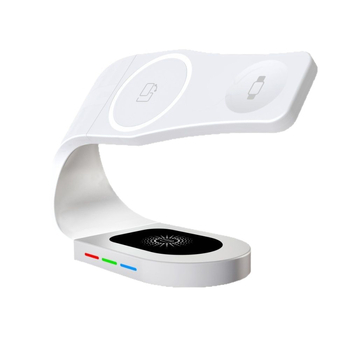 Trīs vienā bezvadu uzlāde ar magnētisko statīvu un apkārtes gaismu pulksteņiem, ausām un telefonam | QC3.0, 15W maks, kopējā jauda 23W