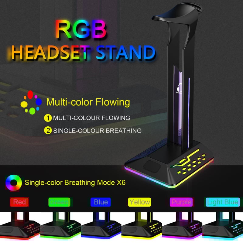 Десктоп стойка за слушалки с RGB осветление и регулируема скорост, модел RGBD8, материал алуминиева сплав + силикон, двойни USB портове и Type-C интерфейс