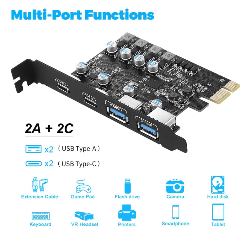USB 3.0 PCIe proširna kartica s 2 USB-A i 2 USB-C priključcima, USB 3.2 Gen1, 5 Gbps, čip FL1100, model ULS-UP4210