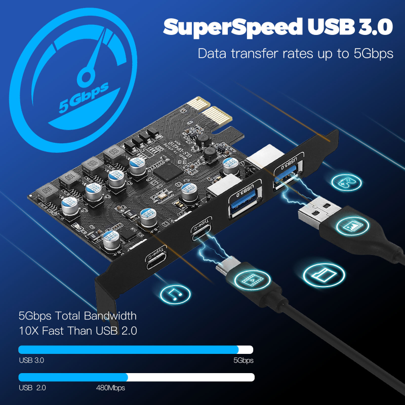 USB 3.0 PCIe proširna kartica s 2 USB-A i 2 USB-C priključcima, USB 3.2 Gen1, 5 Gbps, čip FL1100, model ULS-UP4210