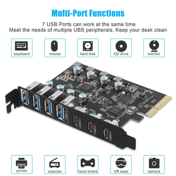Κάρτα PCIe USB 3.1 Gen2 επέκτασης, 7 θύρες USB, ASM3142 + VL822, 10 Gbps
