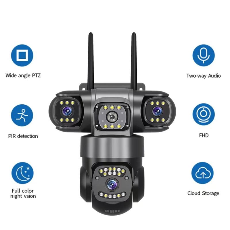 Aizsardzības kamera ar 3 objektīviem, 360° PTZ, pilnkrāsaina nakts redze, 4G uzraudzība, iekštelpu/ārējais lietojums