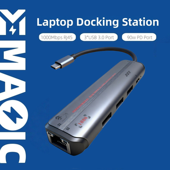 Magelei Mglnethub13 adaptor USB-C către Ethernet și hub, transfer de 5Gbps, interfață Type-C, încărcare PD 90W, Plug-and-Play