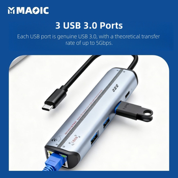 Magelei Mglnethub13 adaptor USB-C către Ethernet și hub, transfer de 5Gbps, interfață Type-C, încărcare PD 90W, Plug-and-Play