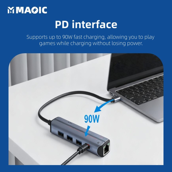 Magelei Mglnethub13 adaptor USB-C către Ethernet și hub, transfer de 5Gbps, interfață Type-C, încărcare PD 90W, Plug-and-Play
