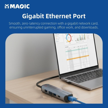 Magelei Mglnethub13 adaptor USB-C către Ethernet și hub, transfer de 5Gbps, interfață Type-C, încărcare PD 90W, Plug-and-Play