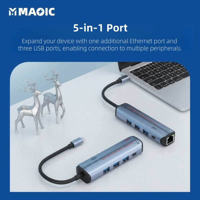 Magelei Mglnethub13 adaptor USB-C către Ethernet și hub, transfer de 5Gbps, interfață Type-C, încărcare PD 90W, Plug-and-Play