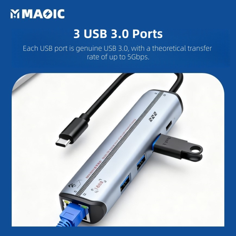 Magelei Mglnethub13 adaptor USB-C către Ethernet și hub, transfer de 5Gbps, interfață Type-C, încărcare PD 90W, Plug-and-Play