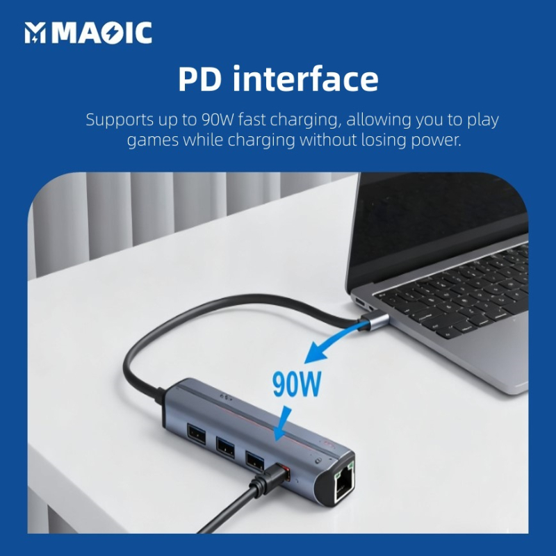Magelei Mglnethub13 adaptor USB-C către Ethernet și hub, transfer de 5Gbps, interfață Type-C, încărcare PD 90W, Plug-and-Play