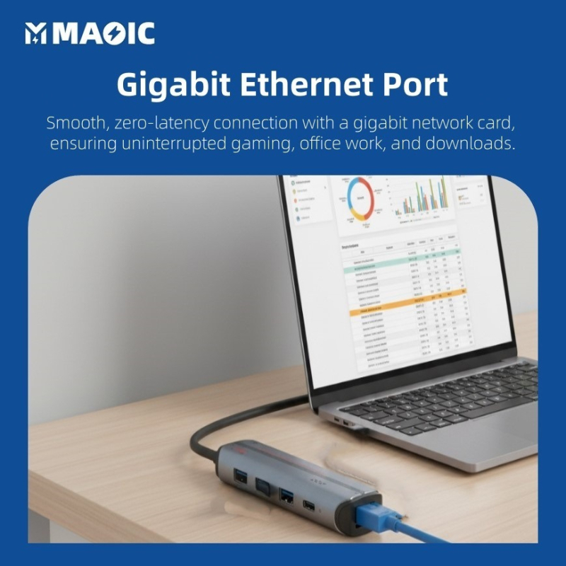 Magelei Mglnethub13 adaptor USB-C către Ethernet și hub, transfer de 5Gbps, interfață Type-C, încărcare PD 90W, Plug-and-Play