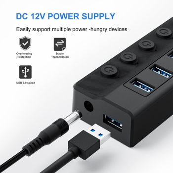 Hub USB 3.0 cu 10 porți și comutator de porturi independent, cablu de 1 m, fără alimentare externă, 5 Gbps
