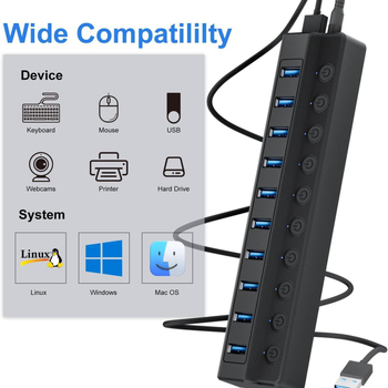 Hub USB 3.0 cu 10 porți și comutator de porturi independent, cablu de 1 m, fără alimentare externă, 5 Gbps