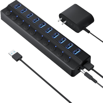 Hub USB 3.0 cu 10 porți și comutator de porturi independent, cablu de 1 m, fără alimentare externă, 5 Gbps