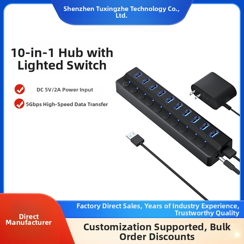 USB 3.0 10-portový hub s nezávislými prepínačmi portov, 1 m kábel, bez vonkajšieho napájania, 5 Gbps