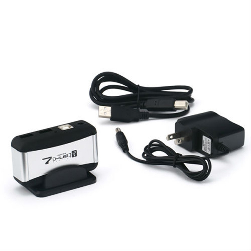 Hub USB 2.0 cu 7 porturi, bază, cablu de 60 cm, alimentare externă, transfer de 480 Mbps