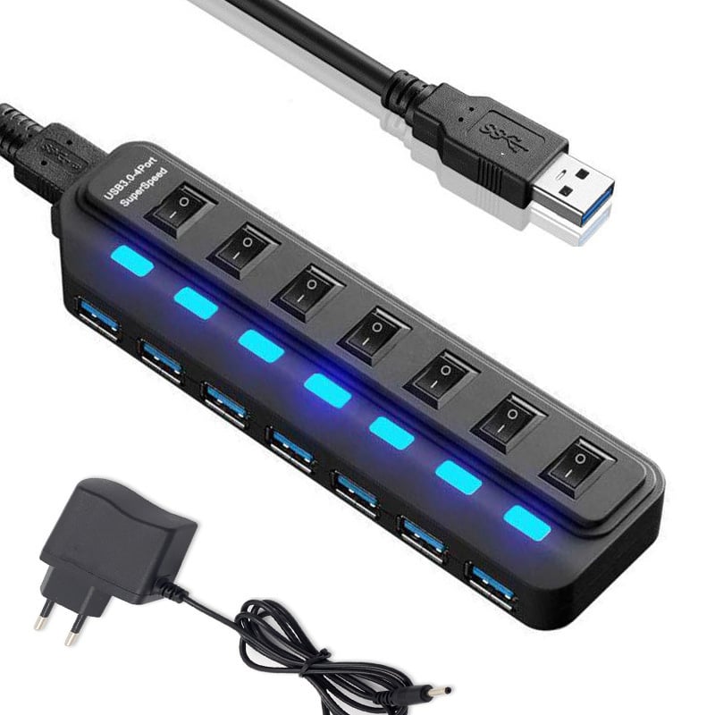 USB 3.0 хъб, 7 порта, външно захранване, 1 м кабел