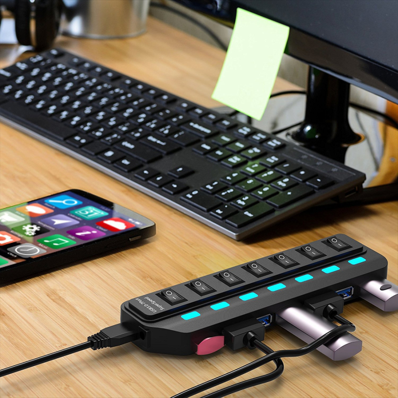 USB 3.0 хъб, 7 порта, външно захранване, 1 м кабел