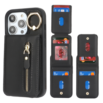 Husă-portofel pentru iPhone 15 Pro Max cu compartimente pentru carduri și suport pentru deget — piele artificială, lucrată manual, personalizabilă, protecție anti-cadere