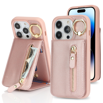 Husă-portofel pentru iPhone 15 Pro Max cu compartimente pentru carduri și suport pentru deget — piele artificială, lucrată manual, personalizabilă, protecție anti-cadere