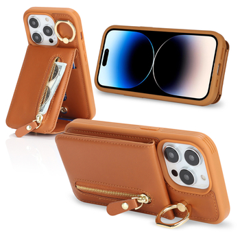 Husă-portofel pentru iPhone 15 Pro Max cu compartimente pentru carduri și suport pentru deget — piele artificială, lucrată manual, personalizabilă, protecție anti-cadere