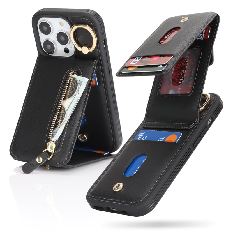 Husă-portofel pentru iPhone 15 Pro Max cu compartimente pentru carduri și suport pentru deget — piele artificială, lucrată manual, personalizabilă, protecție anti-cadere