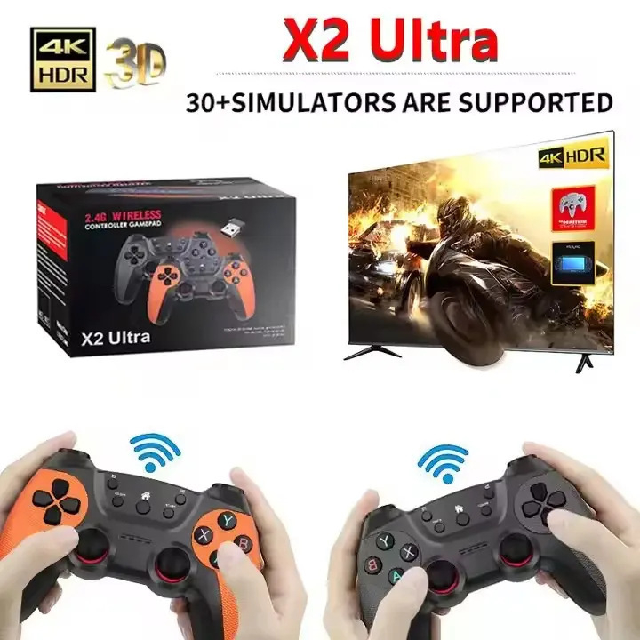 Nostalgijas spēļu konsole X2Ultra ar 64GB atmiņu, 2.4G bezvadu, HDMI televizora izeja, dubultie joysticki, PSP spēles diviem spēlētājiem