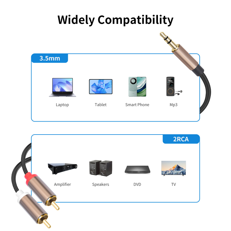 Audio kabel 3,5 mm na 2 RCA, REXLIS 3492; pozlaćeni konektori; bakreni vodnik; signala linija