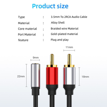 Audio adaptera kabelis: 3,5 mm sieviešu savienotājs uz 2x RCA vīriešu, vara kodols, Ximi Technology, tīkla atskaņotāja piederumi