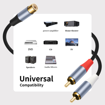0,5 m RCA kabel s metalnim kućištem i zlatnom premazom, RCA ženski priključak na dvostruki RCA muški, Lotus audio splitter za pojačalo