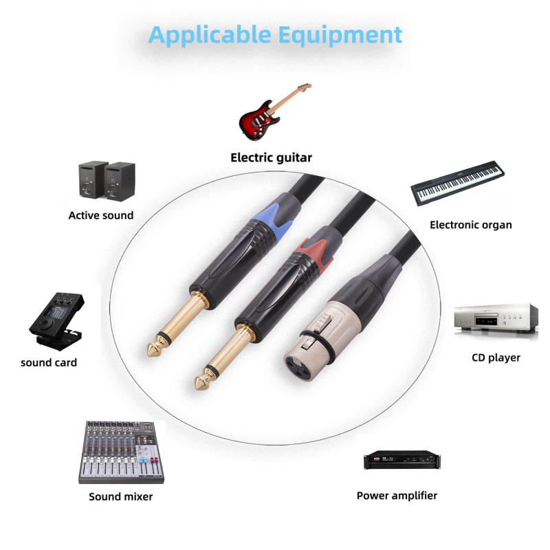 Kábelový adaptér XLR-F na dva 1/4 palcové mono konektory, zlatom potiahnuté meďové vodiče