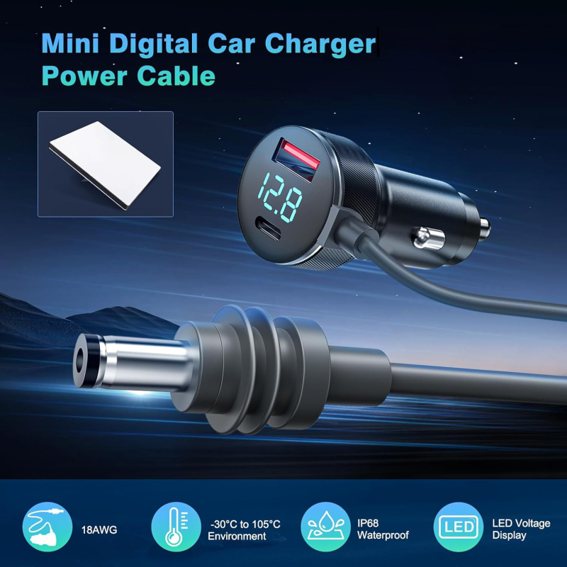 Model 032, încărcător auto mini cu afișaj digital, 3 în 1 impermeabil DC, cablu 2m/3m/5m