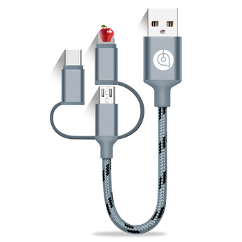 3-u-1 punjački kabel od najlonske pletene sa Lightning, Micro USB i USB-C — jedan na tri podatkovne linije, Brzo punjenje, Prilagodljivo