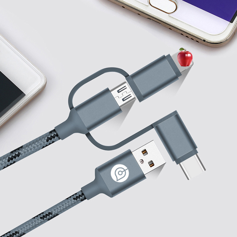 3-u-1 punjački kabel od najlonske pletene sa Lightning, Micro USB i USB-C — jedan na tri podatkovne linije, Brzo punjenje, Prilagodljivo