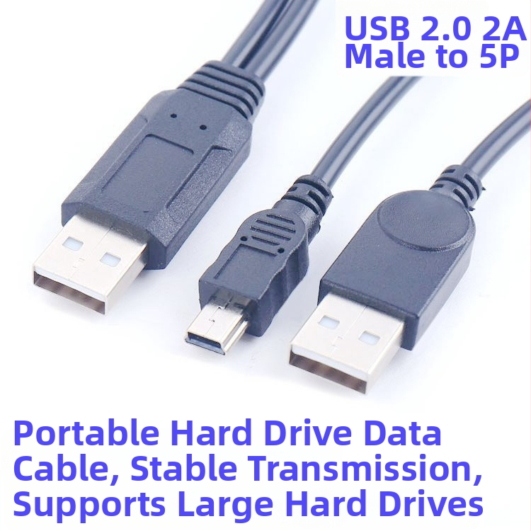 2-v-1 USB dátový a napájací kábel pre externé pevné disky (USB, Mini USB; rozdelenie 1 na 2; kompatibilné s mobilným HDD a digitálnou kamerou; podpora prispôsobenia)
