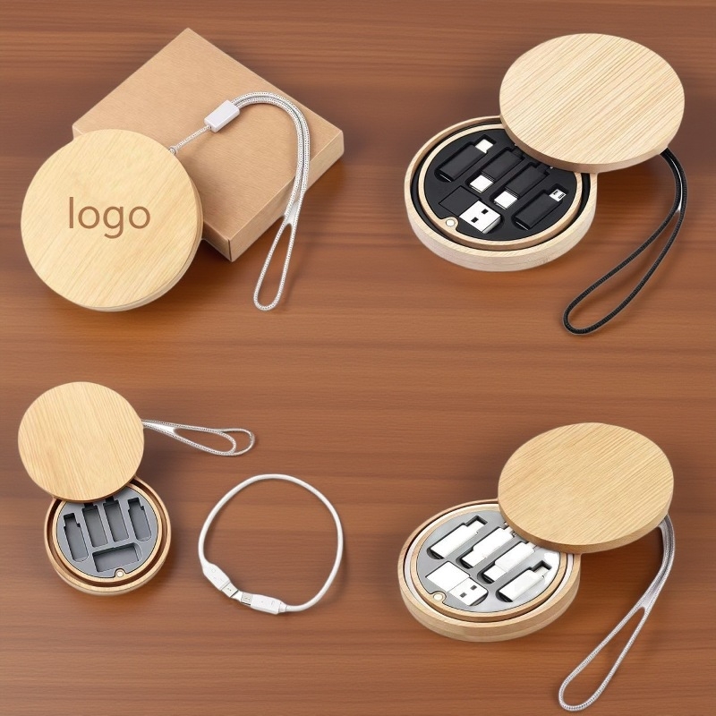 6-in-1 környezetbarát bambusz adatkábel gyors töltéssel, tároló doboz és egyedi logó