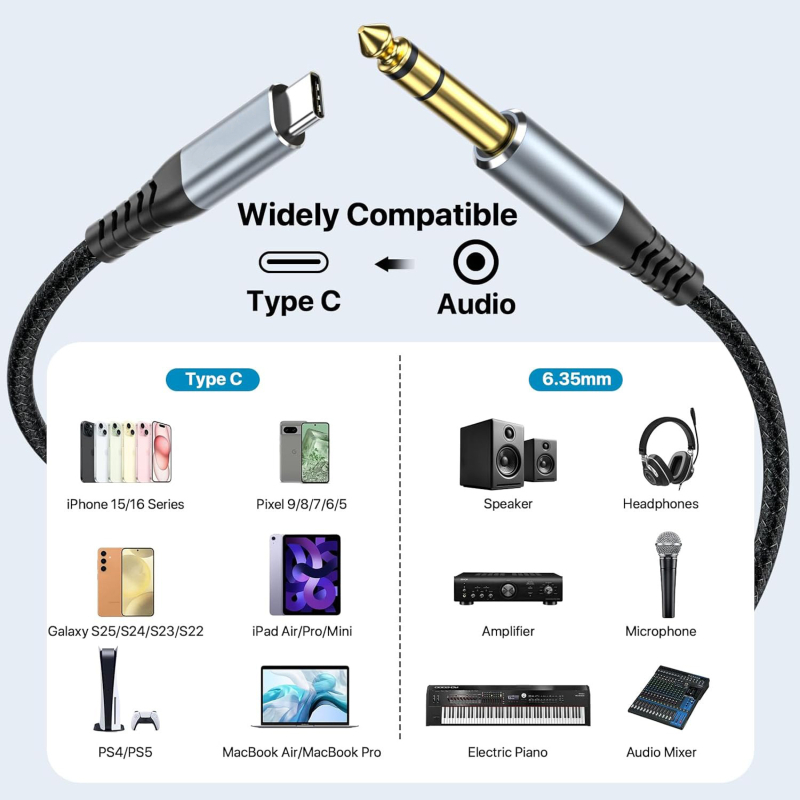 Type-C до 6,35 мм аудио кабел за мобилни устройства, медна сърцевина без покритие, кислородно чист меден проводник, ROSH сертифициран, 100 г