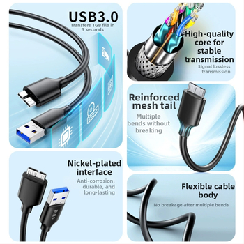 USB 3.0 uz Micro-B datu kabeli ārējā cietajam diskam – USB 3.0A vīrietis, vara kodols, cinkota vara vadāms, ISO 9001