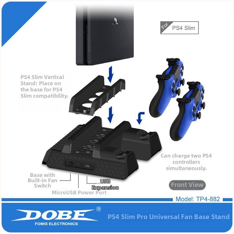 DOBE PS4 Všetko-v-jednom Nabíjacia Základňa s Podstavcom, Chladiacim Ventilátorom a Držiakom Diskov pre PS4/SLIM/PRO – Materiál: ABS