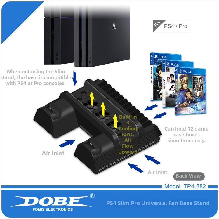 DOBE PS4 Všetko-v-jednom Nabíjacia Základňa s Podstavcom, Chladiacim Ventilátorom a Držiakom Diskov pre PS4/SLIM/PRO – Materiál: ABS